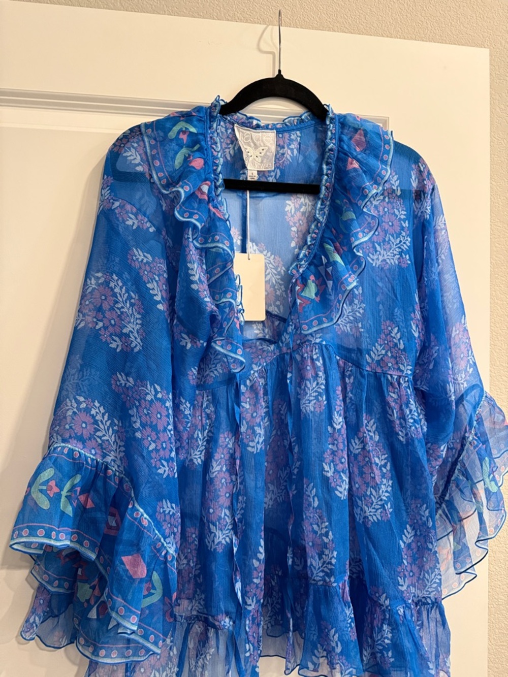 NWT Johnny Was Jade Sheer Ruffled Blue Floral Blouse sz s